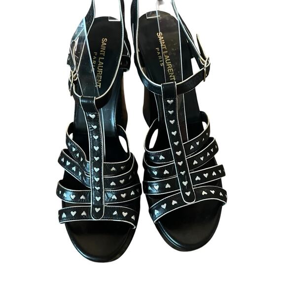 Saint Laurent Black Leather Platform Heel Sandal Silver Hearts EU 40.5 US 10.5 - Picture 6 of 14